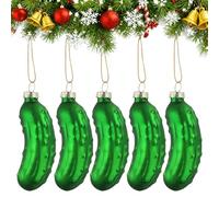 5Pcs Christmas Pickle Glass Ornament, Hand-Blown Green Glass Pickle Cucumber Tree Hanging Pendant with Lanyard for Xmas Tree, Novelty Decorative Hanging Holiday Decoration Ornaments