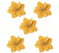 5Pcs Christmas Poinsettia Picks - Artificial Glitter Floral | Stems for Holiday Tree, Wreath, Garland Decor - Elegant Red, Gold, Green, White, Brown Flowers - Reusable Seasonal(Yellow)
