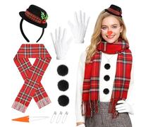 5Pcs Christmas Snowman Accessories Set, Winter Frosty the Snowman Costume Kit with Hat Headband Red Plaid Scarf Carrot Nose Pom Pom Balls White Gloves for Women Men Christmas Party Masquerade Dress Up