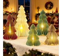 5Pcs Christmas Table Decorations Indoor, 3D Honeycomb Paper Christmas Trees, Light Up Green Red Beige Vintage Table Centerpieces for Christmas Winter Wonderland Holiday Party Home Decor, 8/10/12 Inch