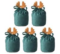5Pcs Christmas Treat Bags, Velvet Deer Antler Santa Candy Present Bags With Drawstring, Reusable Goodie Bag For Christmas Wedding Birthday(Green)