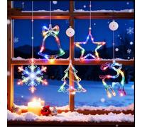 5Pcs Christmas Window Lights Set: Battery-Powered Christmas Decor with Suction Cups Hanging Multicolor Snowflake Star Deer Bell Tree LED Lights for Living Room Fireplace Indoor Decor