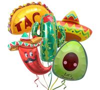 5Pcs Cinco de Mayo Balloons, Mexican Fiesta Balloons, Mexico Taco Llama Cactus Avocado Chili Sombrero Foil Mylar Balloon for Mexican Fiesta Theme Party Decorations Taco Birthday Party Decor