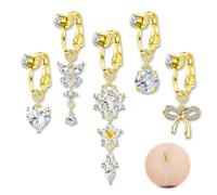 5PCS Clip On Belly Button Piercing, Gold Fake Belly Button Piercing, Copper Inlaid Zircon Clip on BellyButton Ring, Navel PiercingBelly Bars, Fake Piercings, Body Jewellery for Women Ladies
