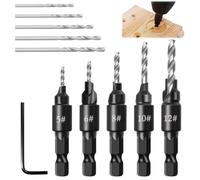 5PCS Countersink Drill Bit Set 1/4", Quick Change Counter Sink Drill Bits for Wood Adjustable Self Centering Drill Bit for #5, #6, #8, #10, #12 Screws, With L-Wrench Drilling Plastic Metal
