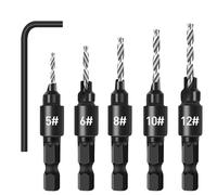5PCS Countersink Drill Bit Set: Adjustable Woodworking Counterbore Drill Bit Set 3-In-1 HSS Countersink Bits for #5 6 8 10 12 Screws with 6mm 1/4" Hex Shank 1 Allen Wrench