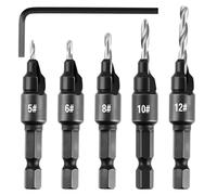 5pcs Countersink Drill Bit Set for #5 6 8 10 12 Screws With 1pc Allen Wrenches 1/4" Hex Shank Adjustable Woodworking Counterbore for Drilling Holes in Wood Plastic Soft Metal Drills Chamferring Tool