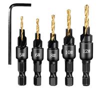 5Pcs Countersink Drill Bit Set,Titanium Plating 1/4inch Hex Shank Power Tools and HSS Quick Change Drill Bit Woodworking Chamfer Tool Adjustable for Wood Drilling,Plastic,Soft Metal,PVC(5PCS)
