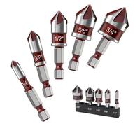5PCS Countersink Drill Bit Set,with 82-Degree,Premium HSS High-Speed Steel, 5 Flutes,1/4” Quick Change Hex Shank, Sizes 1/4” to 3/4”for Plastic Fabrication,Machinable Metals, Wood, Carbon Steel