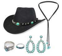5Pcs Cowboy Hat Accessories for Women, Western Cowgirl Costume Set with Wide Brim Cow boy Hat Turquoise Necklace Earrings Rings 70s Boho Hippy Fancy Dress for Adult Cosplay Carnival Halloween