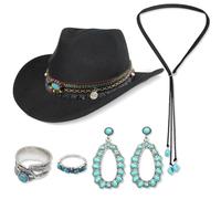 5Pcs Cowboy Hat Accessories for Women, Western Cowgirl Costume Set with Wide Brim Cow boy Hat Turquoise Necklace Earrings Rings 70s Boho Hippy Fancy Dress for Adult Cosplay Carnival Halloween