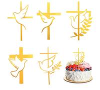 5PCS Cross Cake Toppers, Pigeon Crossing Cake Topper Acrylic Cross Cupcake Toppers with Dove Gold Cake Charm Decoration for Birthday Wedding