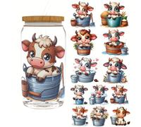 5pcs Cute Cartoon Cows in a Bucket UV DTF Cup Wraps Winter UV DTF Transfer Sticker for Glass Cups Furniture Craft DIY Crafts，Rub on Transfer Stickers for DIY Water Bottle Laptop Decal Wood Car