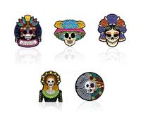 5PCS Day of The Dead Brooch Pins,Dia de los Muertos Sugar Skull Label Pins Skeleton with Flower Mexican Badges Pin for Halloween Fiesta Party Clothes Backpack Hat Jacket Decoration