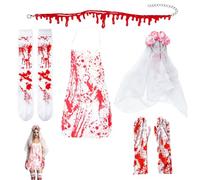 5PCS Dead Corpse Bride Costume Set for womens halloween costume | Dead Bride Costume Women,Bloody Veil Headband, Thigh High Socks, Necklace, Apron, Gloves for Halloween, Masquerade