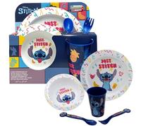 5PCs Disney Stitch Childrens Dinnerware Set - Plate, Stacking Bowl, 260ML Plastic Cup with Cutlery Set, Tableware Dinner Set for Kids 4+Years, Microwave Safe