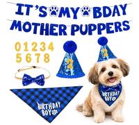 5PCS Dog Birthday Decorations Set, Royal Blue Adjustable Bandana Sequin Hat Bow Tie & Funny Banner with 0-8 Numbers, It’s My Bday Mother Puppers Sign Banner for Small Dogs Pets Party Supplies