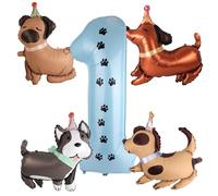 5pcs Dog Themed Balloons, Aluminum Film Cartoon First Blue Number Paw Print Balloons Walking Husky Dachshund Haba & Spotted Dog Designs for Puppy Birthday 1st Birthday Parties & Animal Themed Decor
