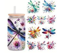 5pcs Dragonfly Floral Flower Leaf UV DTF Cup Wraps Transfer Waterproof Sticker for Glass Cups Furniture Craft DIY Crafts，Rub on Transfer Stickers for DIY Water Bottle Laptop Decal Wood Car