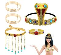5Pcs Egyptian Costume Accessories Set, Include Cobra Headpiece Tassel Beaded Necklace Snake Armband Gemstone Bracelet, Ancient Egypt Dress Up for School Egyptian Days Vintage Party Halloween