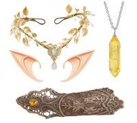 5Pcs Elf Costume Set, Fantasy Elf Ears with Crown, Necklace and Lace Gloves, Renaissance Fairy Outfit for Women and Girls, Halloween Cosplay Party Accessories, Lace Gloves Pixie Elf Ear VikingNecklace