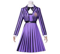 5PCS Enid Costume Women Girls, Sinclair Outfit with Dress Coat Shirt Bowtie Belt, Wed Addams Family Purple Stripes Halloween Cosplay Suits (Kids, XLarge)