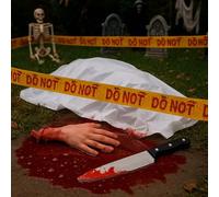 5Pcs Fake Dead Victim Props Scary Halloween Decoration Outdoor, Fake Dead Body Halloween Prop with Fake Knife, Fake Blood Power, Caution Tape, Fake Hand & Tablecloth for Haunted House, Garden, Yard