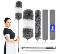 5PCS Feather Duster Kit with 17-94 inch Telescopic Extension Pole, Detachable Bendable and Reusable Gap Hand Crevice Brush for Cleaning Dust Cobwebs on High Ceiling Lights Fans Blinds Furniture Cars