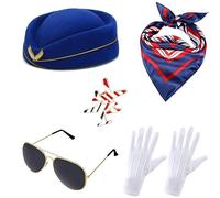 5PCS Flight Attendant Costume Accessories Set，Airline Stewardess Uniform Fancy Dress Kit with Hat Scarves Brooch Sunglasses Gloves Cosplay Outfit for Adults Girls Dress Up Party (Navy)