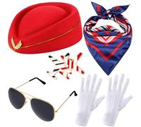 5PCS Flight Attendant Costume Accessories Set Womens Air Hostess Uniform Hat Scarf Glove Brooch Glasses for Adults Cabin Crew Cosplay Dress Up Party Halloween Outfit