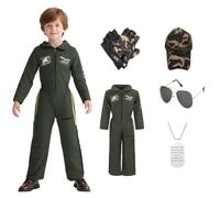 5Pcs Flight Suit Kids Pilot Costume Air Force Jumpsuit with Hat Gloves Necklace Sunglasses for Boys Halloween Outfit Cosplay (XL)