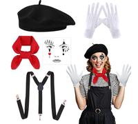 5Pcs French Fancy Dress Costume Women Men, Artist Mime Outfit Accessories--French Beret, Gloves, Y-back Suspenders, Red Scarf, Face Stickers, Cosplay Carnival Party Dress World Book Day Costumes