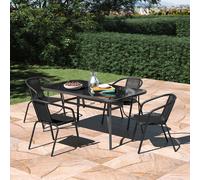 5pcs Garden Table & Rattan Chairs Outdoor Set with Parasol Hole - Glass-Top Table, 51mm Hole, Black, Rust-Resistant Frame