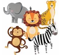 5Pcs Giant Jungle Safari Animal Foil Balloons - Elephant Zebra Monkey Lion Cheetah Balloon Set for Birthday Wild One Party Decorations, Zoo Theme Party Supplies