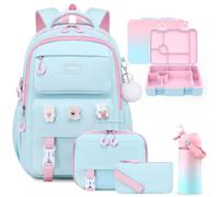 5PCS Girls Backpack with Lunch Box Insulated Water Bottle Lunch Bag Pencil Case, Kids Backpack for Girls Teen Kindergarten Middle School bag, Cute Bookbag with Pins Straw & Utensils, Aquamarine-Pink