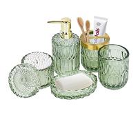 5pcs Glass Bathroom Accessories Set, Bathroom Accessories Complete Set, Soap Dispenser, Toothbrush Holder, Soap Dish, Tumbler, Cotton Swab Jar, Modern Bathroom Decor, Bathroom Accessory Set Green