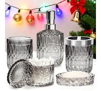 5PCS Glass Bathroom Accessories Sets, Vintage Gift, Includes Soap Dispenser, Soap Dish, Toothbrush Holder, Tumbler and Jar, Stylish Modern Bathroom Decor (Gradient transparent & black)