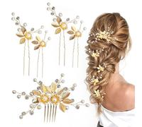 5Pcs Gold Hair Clips, Bridal Hair Accessories, Crystal Pearl Flower Leaf Headdress for Women, Vintage Accessories for Bride Bridesmaid Ladies Girls