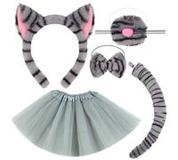 5Pcs Grey Tabby Cat Costume Accessories for Kids, Including Adorable Cat Ears Headband, Nose,Tail,Tutu Skirt & Bow Tie,for Halloween, Dress-Up Parties,Animal-Themed Celebrations