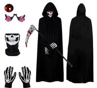 5PCS Grim Reaper Costume Kids and Adult - Halloween Skeleton Reaper Fancy Dress Set with Black Cloak, Skull Gloves - Scary Ghostface Cosplay Accessories for Halloween Party (For 100-130CM Kids)