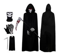 5PCS Grim Reaper Costume Kids and Adult, Skeleton Reaper Fancy Dress Set with Glowing Eyes, Black Cloak & Skull Gloves, Scary Ghostface Accessories for Halloween Cosplay Party (S, For 100-130CM Kids)