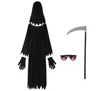 5PCS Grim Reaper Costume Kids, Scary Halloween Costumes Boys, Grim Reaper Cloak, Set Including Hood, Cape, Gloves, Goggles, Toy Scythe, Outfits for Halloween Cosplay Parties for Kids Girls Boys Black