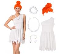5PCS Halloween Caveman Costume for Adults Women White Fancy Dress Wig L