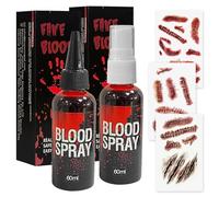 5Pcs Halloween Fake Blood Spray Makeup Accessories, 2oz Halloween Washable Fake Blood Spray and Fake Tattoos Scar Stickers for Halloween Vampire Zombie Makeup Accessories, Halloween Masquerade Props