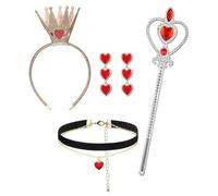 5pcs Halloween Queen Costume Accessories Set Including Gem Scepter Gold Crown Red Heart Necklaces Heart Ear Pendants for Women'S Party Accessories