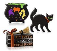 5PCS Halloween Wooden Signs Hocus Pocus, Decorative Wooden Faux Books Stack Black Cat Wood Table Signs, Cauldron Witches Sisters Halloween Tiered Tray Decor for Halloween Party Home Decorations