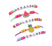 5Pcs Handmade Rainbow Polymer Clay Flamingo Coconut Tree Braided Bracelet Bohemian Colorful Fruit Watermelon Flower Leaf Charm Bracelet Best Friend Preppy Bracelets for Women Summer Beach Jewelry, M