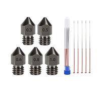 5pcs Hard Steel Nozzles 5pcs Cleaning Needle Hotend Nozzles M6 Thread for 1.75mm Filament 3D Printer Parts(5pcs 1.0mm 5pcs needle)