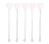 5pcs Heart Shaped Glass Cocktail Stirrer for Drinks | Reusable Hand Made Rods, Shiny Smooth Finish, Decorative Pink Top, Coffee Bar Station Use