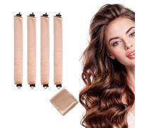 5pcs Heatless Hair Curler Set with Silk Scarf - Overnight Blowout Curling Rods, Soft Flexible Rollers for All Hair Types, No Heat Damage, Comfortable Velvet Satin Design (Khaki)